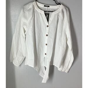 Zeagoo White Size 100% Cotton Casual V Neck Tie Knot Blouse NWT